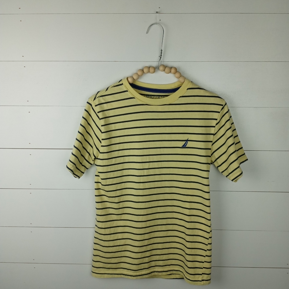 Nautica boys size 14-16 light yellow and navy striped tshirt crewneck royal blue